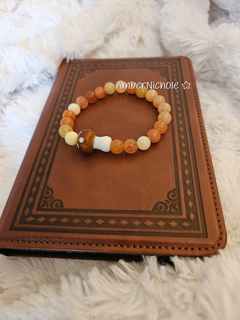 ☆Orange and Cream Beaded Mushroom Bracelet